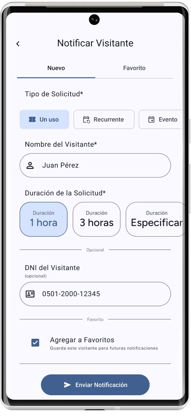 Pantalla Notificar Visitante de Timbre: tipo de solicitud (un uso, recurrente o evento), nombre del visitante, duración del pase, DNI opcional, opción de agregar a favoritos y botón Enviar Notificación