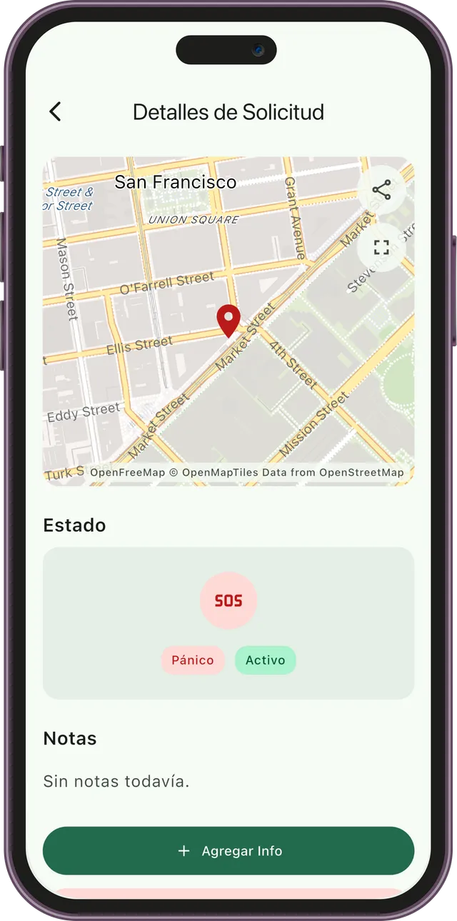 Detalle de una solicitud de pánico en Vecino, con su ubicación en el mapa, el estado y las notas
