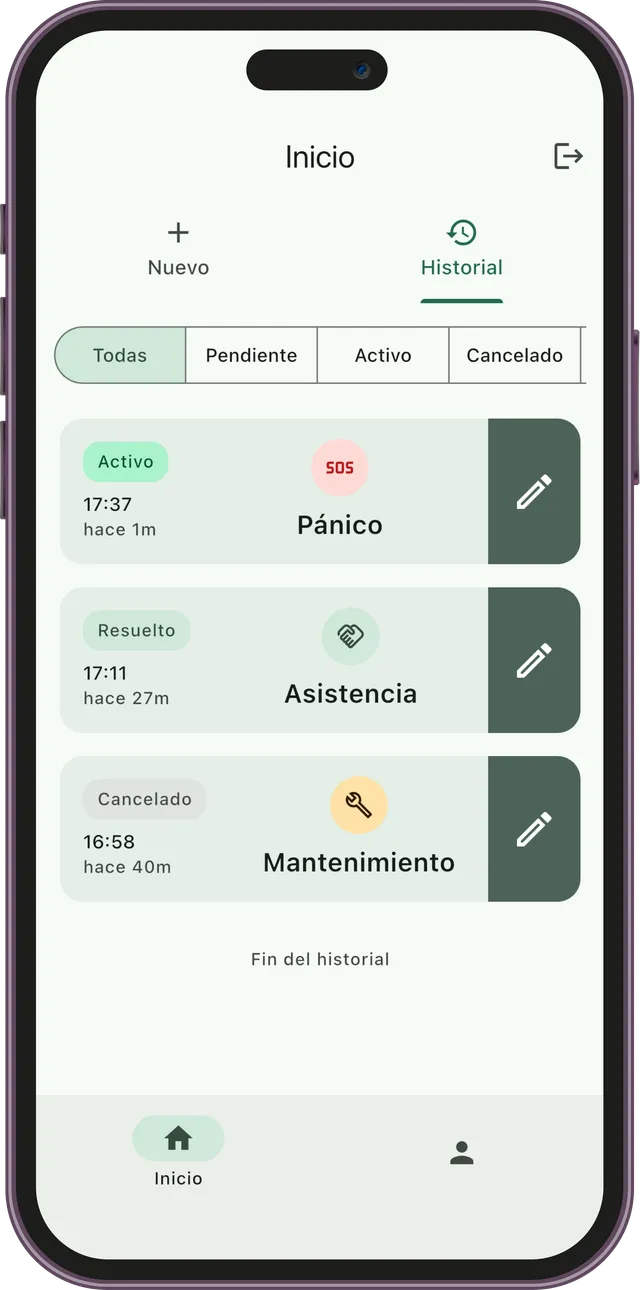 Historial de solicitudes en Vecino: una lista de solicitudes de pánico, asistencia y mantenimiento con su estado