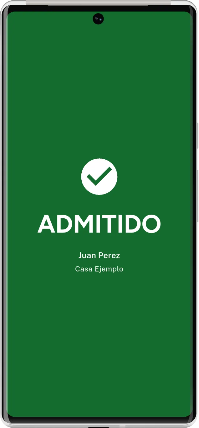 Resultado a pantalla completa en Timbre: ADMITIDO, con el nombre de la visita y su casa