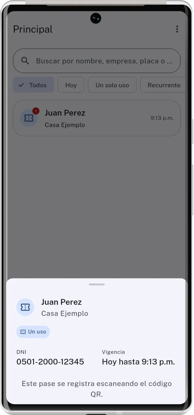 Pantalla del guardia en Timbre con el pase de una visita anunciada: nombre, casa, tipo de pase, DNI y vigencia