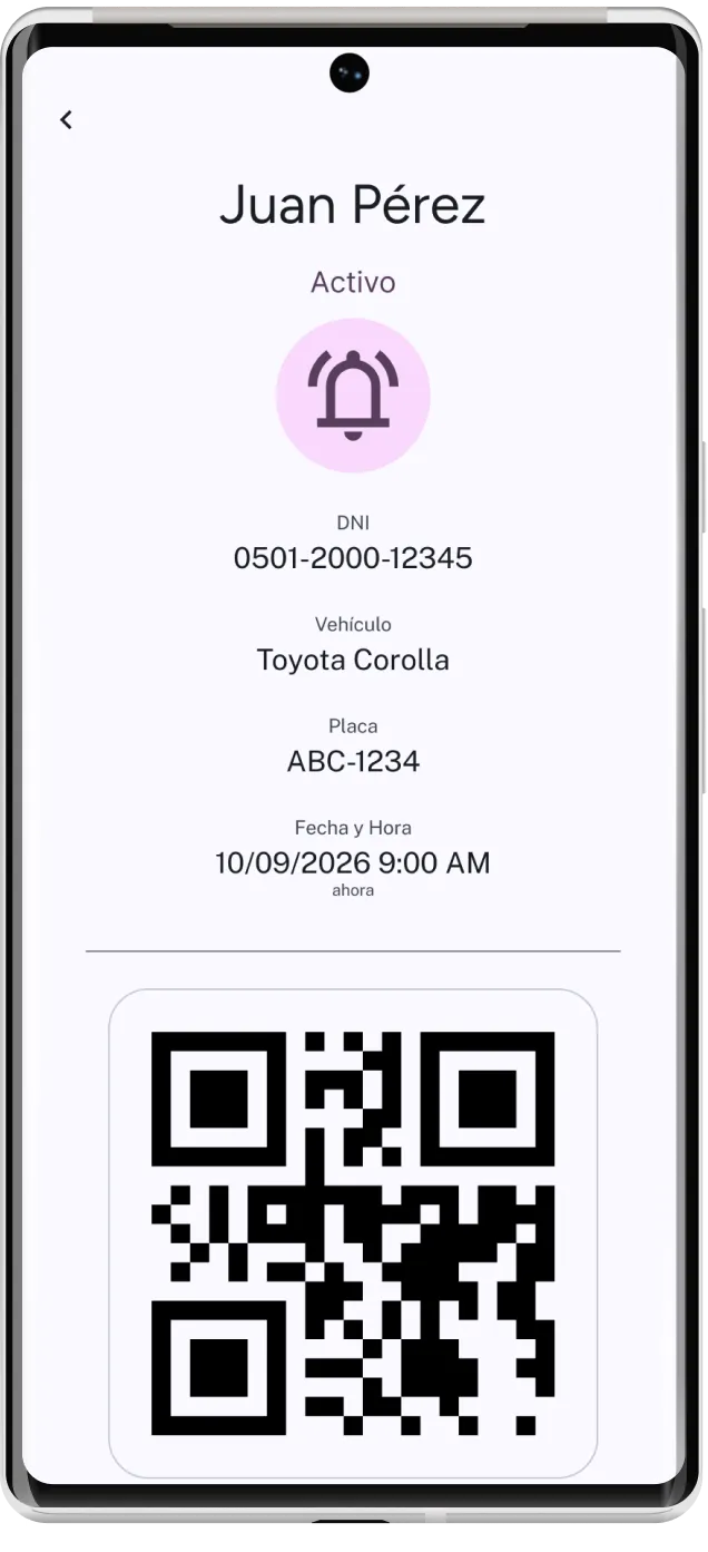 Pantalla de Timbre con el pase de una visita: nombre, estado Activo, vehículo, placa, fecha y hora, y el código QR