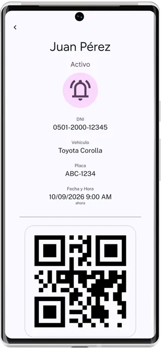 Pase de visita de Timbre con los datos del visitante y su código QR